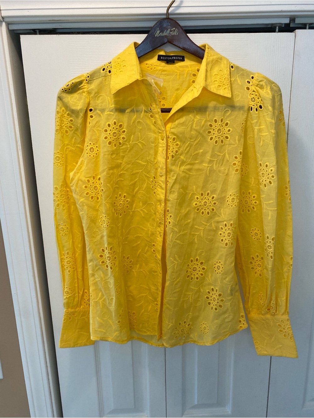 Boston Proper Bright Yellow Eyelet Cotton Button-Down Blouse